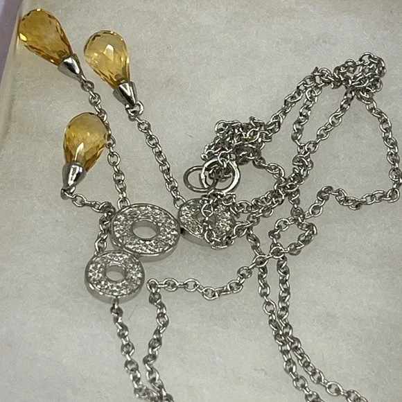 Vintage 10KT White Gold Necklace with Citrine Briolette Drops & Diamond Accents - Picture 13 of 15